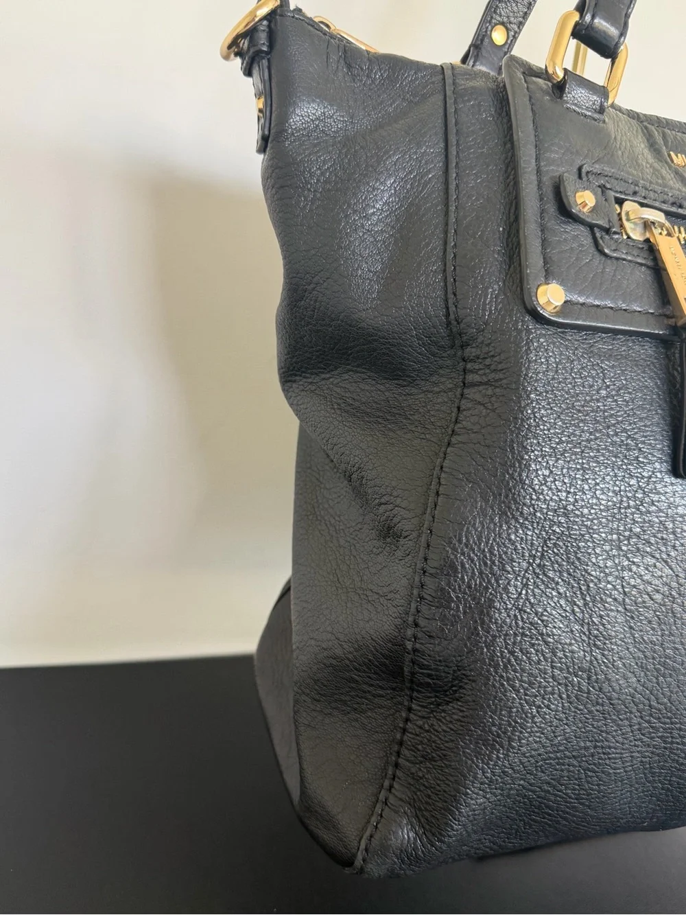 Michael Kors Black Pebbled Leather Tote Handbag Gold MK Medallion
